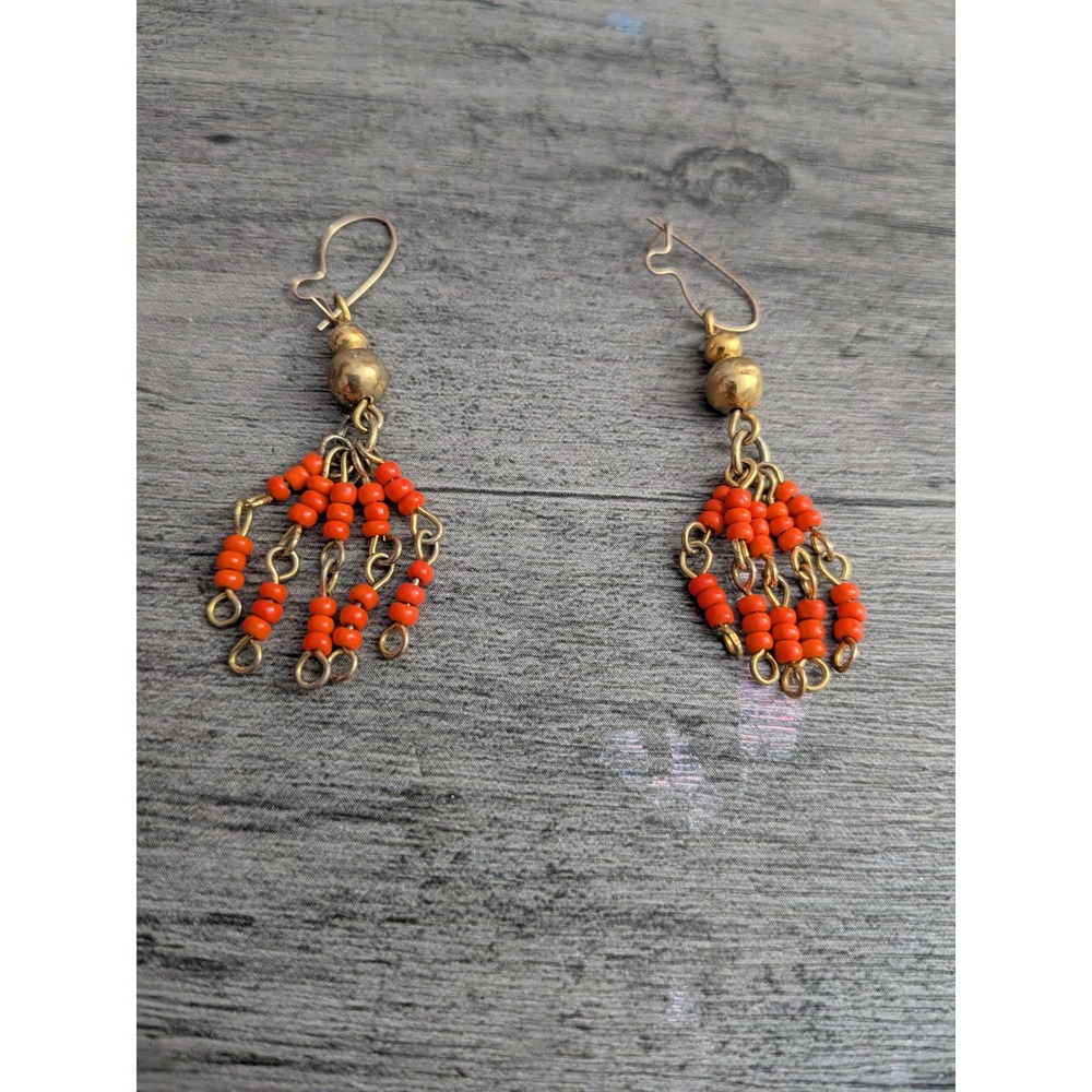 Vintage Boho Orange Seed Bead Fringe Dangle Earrings Gold Tone Kidney Wire